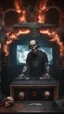 Placeholder: DJ of the damnded, insanely detailed DJ booth in hell, MID set, speakers and equipment made of bone, anatomically correct, add more skulls in th audience, photorealism, vray, 8k 3d