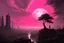 Placeholder: Pink sky with one planet un the sky, sci-fi, 2000's sci-fi movies influence, rocks, cliffs, vegetations, emile claus and auguste oleffe impressionism paintings