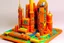 Placeholder: A salmon orange colored electrical city made out EDM instruments designed in Ica stones and sculptures painted by Gustav Klimt
