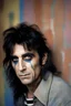 Placeholder: head and shoulders portrait, 20-year-old Alice Cooper - a multicolored cement wall in the background,