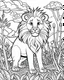 Placeholder: create a 2d black outline, "safari lion coloring book for kids ", coloring page, low details design, black contour, coloring page design, simple background, colorful , card style, coloring page for kids, white background, sketch style, cartioon style, safari landscape