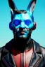 Placeholder: Medium Close Up Portrait, Front image. cyberpunk, rabbit mask, irish man, black hair. leather suit. blue, red, color. Ghost in the shell style. Color background, photo studio. Avatar image, highly detailed, concept art, smooth, unreal engine 5, god rays, ray tracing, RTX, lumen lighting, ultra detail, volumetric lighting, 3d, finely drawn, high definition, high resolution.