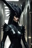 Placeholder: a very beautiful xenomorph queen, with a giant black crown-like carapace on her head, thick lips, with a shiny black spiky carapace covering her entire body, and a long alien tail with a giant spike sharp, walking in a corridor