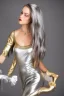 Placeholder: Beautiful perfect perfectly centered photorealistic lady, silver and gold French maid outfit long hair, shiny metallic silver hair, full-body portrait by Reisha Perlmutter, Rudy Nappi, medium shot