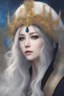 Placeholder: Moon queen long white hair, black robes, blue eyes