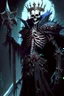 Placeholder: a demonic looking man with a sword in his hand, undead skeleton king, skeleton king, overlord season 4, ainz ooal gown, prince crown of black gears, the king of death, king of time reaper, overlord, lich vecna (d&d), dark and forboding, from overlord, scary knight, large black smile Overlord