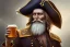 Placeholder: In this photorealistic, dramatic, and hyperrealistic painting, a Pirate captain stands tall with Crystal black eyes and an elegant demeanor. He holds a frosty mug of beer in one hand and a lemon in the other, adding to the overall atmosphere of the piece. The talented artists WLOP, Artgerm, and Greg Rutkowski have expertly captured the captain's dynamic pose, incorporating beautiful shadows and concept design art into the piece. Rendered in stunning 8K resolution using Octane render, this painti