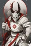 Placeholder: The character, depicted in a striking white armour against a wintry backdrop stands with his hands behind his back inside the scene, he has a red and black circular symbol on his chest like a shield, a black pointed spear with a red handle on his back, His eyes are showing a dynamic expression and he wears a black oni mask with white teeth covering the bottom part of his mouth he has brown shoulder pads and a white belt with a bag attached to it. He has dark brown hair, he does not wear a helmet