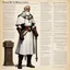 Placeholder: character concept sheet with AD&D statistics and characteristics, [illustration by Norman Rockwell] the doomed bishop character class: powers include Hereditary madness... God/Deicide, reverse blessing