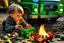 Placeholder: A crying toddler takes a burning car out of a LEGO box marked Land Rover next to the Christmas tree.