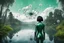 Placeholder: Photo of a skinny woman with a black bob hairstyle, in a green and silver android suit, looking at flying dandelion heads with octopus tentacles looking out over a lake, in an alien forest, with tall narrow cloud trees