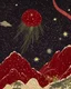 Placeholder: A dark red giant meteor with shooting stars designed in Ica stones painted by Katsushika Hokusai