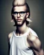 Placeholder: a tall guy who is skinny and scrawny with blond hair and blond beard. his hair is to the left side and he wears glasses. he is wearing a white t-shirt, black jeans and has straight teeth and brown shoes