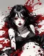 Placeholder: Petit girl goth, lying pose, halfbody, behind blood guts rising from the ground, illustration by <Yoji Shinkawa>, darkred tones,