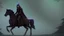 Placeholder: Dark robed wizard on a horse in the forest