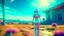 Placeholder: A slim woman in an open-faced space suit walking through an alien landscape towards a building, with strange alien buildings, strange surreal plants, photorealistic, Deep Colour, Intricate Detail, sunshine, blue sky