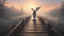 Placeholder: walking straight ahead over a wooden bridge, holding the angel of death with your right hand, entering the fog at the end of the road that leads to the afterlife, a stream from the mountains flows from the right and left, and a beautiful sunset behind the fog, realistic