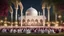 Placeholder: Hyper Realistic lots of men praying outside a Beautiful-Huge-White-&-Maroon Mosque in a beautiful garden with grass-arches, Ramadan-Light-Decorations including flowers & garland-lights with garden-lamps showing dramatic-&-cinematic-ambiance at night