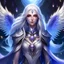 Placeholder: Generate a dungeons and dragons character full body picture of a beautiful female paladin aasimar blessed by the goddess Selune. She has long white hair. She has bright purple eyes. She has some white feathers in the lower part of her long hair. She has a youthful and rounder face. She is in a camp that's lit by moonlight.