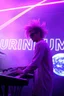 Placeholder: French cool synth player with crazy techno acid hair, he is called "Jean-Maurice Brûlée" performing at dance club, his name is "Jean-Maurice Brûlée" , white and purple Neon lights and purple smog, yellow water shower rain sprays, and "URINIUM" big sign on the wall, he is playing on synthesizers on stage with lot of laser beams and wearing black sunglasses, an earth is projected in background