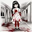 Placeholder: A girl's doll wearing a white dress with red blood bleeding from the back