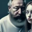 Placeholder: a young woman sitting next to a 50-year-old man with a beard and short hair, portrait, 8K, close-up face, anatomically perfect face, Highly detailed stunning full frame portrait, misty and cloudy atmosphere