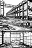 Placeholder: Abandoned industrial warehouses, line arts, manga style