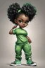 Placeholder: Create an airbrush image of a curvy chibi cartoon black female wearing a light green jogger set and black sneakers. Prominent make up with hazel eyes. Extremely highly detailed of messing curly bun