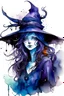Placeholder: A deeply abstract ink wash and watercolor illustration of a young witch girl with highly detailed hair and facial features , in the abstract expressionist style, indigo and amethyst, ragged and torn Victorian costumes, hard , gritty, and edgy depictions, full body, fullshot, vibrant forms, bat, ethereal, otherworldly, Witch hat