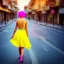 Placeholder: Beautiful lonely girl who walks along a street without people at dawn. You see her from behind. She wears very short yellow dress. She has short pink hair with glowing crystals. Full body, 8k resolution concept art. Professional Photo HD. Stylish. Warm vivid colors. Panoramic