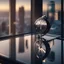 Placeholder: very close up of a big wrist watch stands on table in balcony skyscraper camera looks at modern city environment reflected image , watch glass is dark mirror,centered.