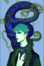 Placeholder: 16 year old boy warlock with milky blue eyes, and 1 lamprey tentacle growing out of his belly. in the style of Harry Clarke