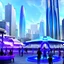 Placeholder: A group of people gather in a futuristic plaza, surrounded by towering skyscrapers and holographic advertisements. The plaza is filled with blue and purple light, and flying vehicles can be seen in the background.