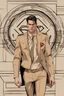 Placeholder: Men winter fashion runway modern clothes inspired by Superman Big logo Superman style clothes, elegant beige tones