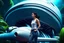 Placeholder: photorealistic slim woman with dark hair and white boots in a heroic pose in front of a fat wide spaceship in the jungle