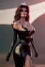 Placeholder: Raquel Welch as evil queen in black leather gown, angry, busty, curvey, cleavage, unreal 5, octane render, cinema4d, dynamic lighting, dramatic lighting, 4k, redshift render, highly detailed, hyper realistic