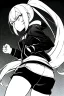 Placeholder: blonde girl with ponytails dressed in a jacket and shorts walks angry, greyscale