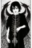 Placeholder: 7 year old boy, necromancer, friendly, looks dead,with a long lamprey emerging from his belly , wearing black robes, in the style of Harry Clarke