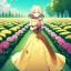 Placeholder: anime girl holding on to a dried dandelion flower and blowing the dried seeds into the air as the wind carries them away. outdoors scene.anime girl standing in a meadow of flowers. thw wind is blowing flower pedals into the wind. girl wearing yellow dress. more emphasis on seeds floating in the air. lots of seeds floating the air