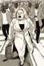 Placeholder: an obese terrified blonde white woman crying and sobbing in a pant suit desperately running away from an angry mob of thousands of all black people chase her down a city street