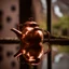 Placeholder: The reflection of a child on the surface of an old copper teapot