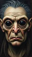 Placeholder: Hieronymus Bosch style of a man fat face with alien dark black big eyes and grey hair