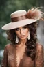 Placeholder: full body beautiful girl, elegant brown lace clothes of the 80s, luxury style, small elegant hat with feather, hair of the 80s, pearl necklace, earrings masterful, beautiful face