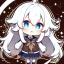 Placeholder: Clear focus, High resolution, long white hair, hair between eyes, straight long locks, sparkling blue eyes, wearing a sailor uniform, wearing a sailor skirt, wearing a brown vest, cute, 1girl, fluffy hair, cute, chibi, cartoon, rough line art