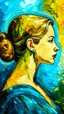 Placeholder: Side profile of a beautiful young woman with her aspirations behind her. Opulent Van Gohn style painting