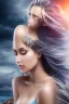 Placeholder: half body shot,realistic portrait of a 20-25 old femal model, long blue pink flowing hair, great grey eyes, ,full body, standing in rocky beach , very big ship, stormy sea with sunset ,clouds,god rays ,storm,rocky beach