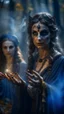 Placeholder: close up portrait of merciless medieval countess and her creepy sister in big eyed trance, delicate hands, full moon, swirly mist,autumn wind, performing arcane invocation ritual of smoke demon with immense power on luminous stone altar in dark forest grove, shot on Hasselblad h6d-400c, zeiss prime lens, bokeh like f/0.8, tilt-shift lens 8k, high detail, smooth render, down-light, unreal engine, prize winning