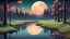 Placeholder: a 16 bit color, beautiful, serene forest scenery, trees, moon, stream, grass, reflection, evening time.