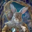 Placeholder: fantasy magic, sharp focus, illustration, highly detailed, digital painting, concept art, art germ and Paul Lewin and Kehinde Wiley, masterpiece silver solo rabbit, dark blue aye