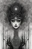 Placeholder: mystical weird creature crepy female from fog with dark shiny eyes looking at you, mystic dark matter, dark evil energy, Fibonacci sequence, dark shadows, black, grey colors, etheral, mist, ezoteric, mystic dark sky, surreal, sensitive, masterpiecesinister, dark fantasy, space between the living and the dead, creepy surreal mood, inks, splash art, intricately detailed, smoke, crepy stunning